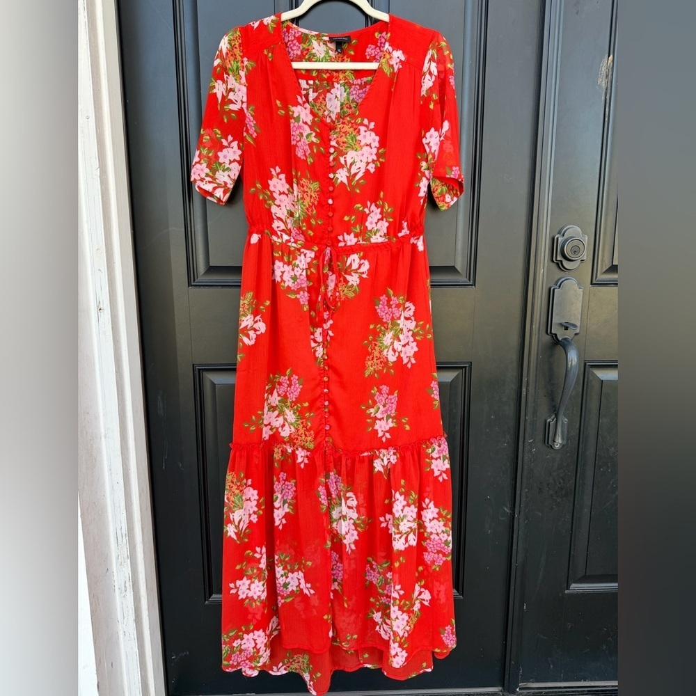 Red Floral Button-Front Midi Dress with Tie Waist